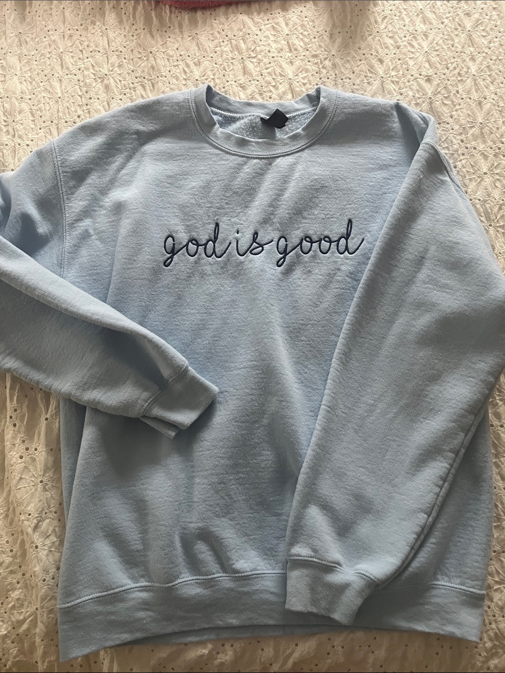 Gildan Light Blue Crewneck Sweatshirt with 'god is good' Embroidery